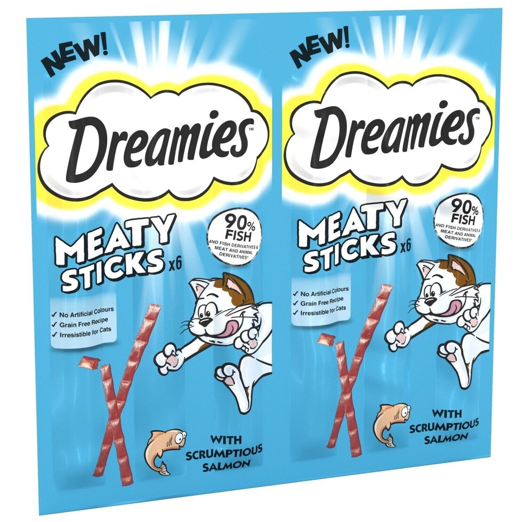 New Dreamies Meaty Sticks With Scrumptious Salmon (6X ) 90% Fish For Cats