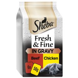 Sheba Fresh & Fine Wet Cat Food Pouches Beef & Chicken in Gravy 6 Pack