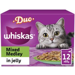 WHISKAS 1+ Adult Wet Cat Food Pouches Duo Mixed Medley in Jelly 12 Pack