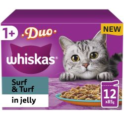 Whiskas 1+ Duo Surf and Turf Adult Wet Cat Food Pouches in Jelly 12 Pack