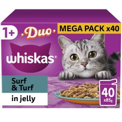 Whiskas 1+ Duo Surf and Turf Adult Wet Cat Food Pouches in Jelly 40 Pack