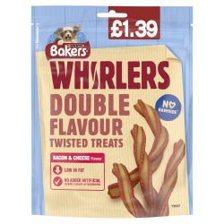 BAKERS Whirlers Double Flavour Bacon & Cheese Dog Treats PMP£1.39