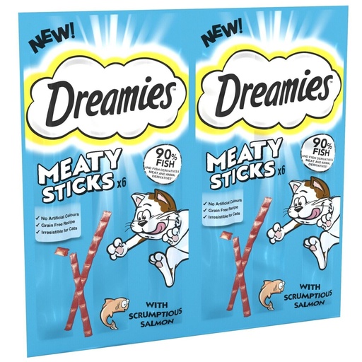 New Dreamies Meaty Sticks With Scrumptious Salmon (6X ) 90% Fish For Cats