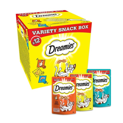 Dreamies Cat Treats Mixed Variety - Chicken, Cheese & Salmon In Fancy Box